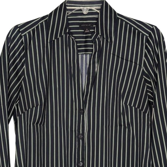 Ann Taylor long sleeve button front navy blue with white green stripes blouse XS - Picture 3 of 9